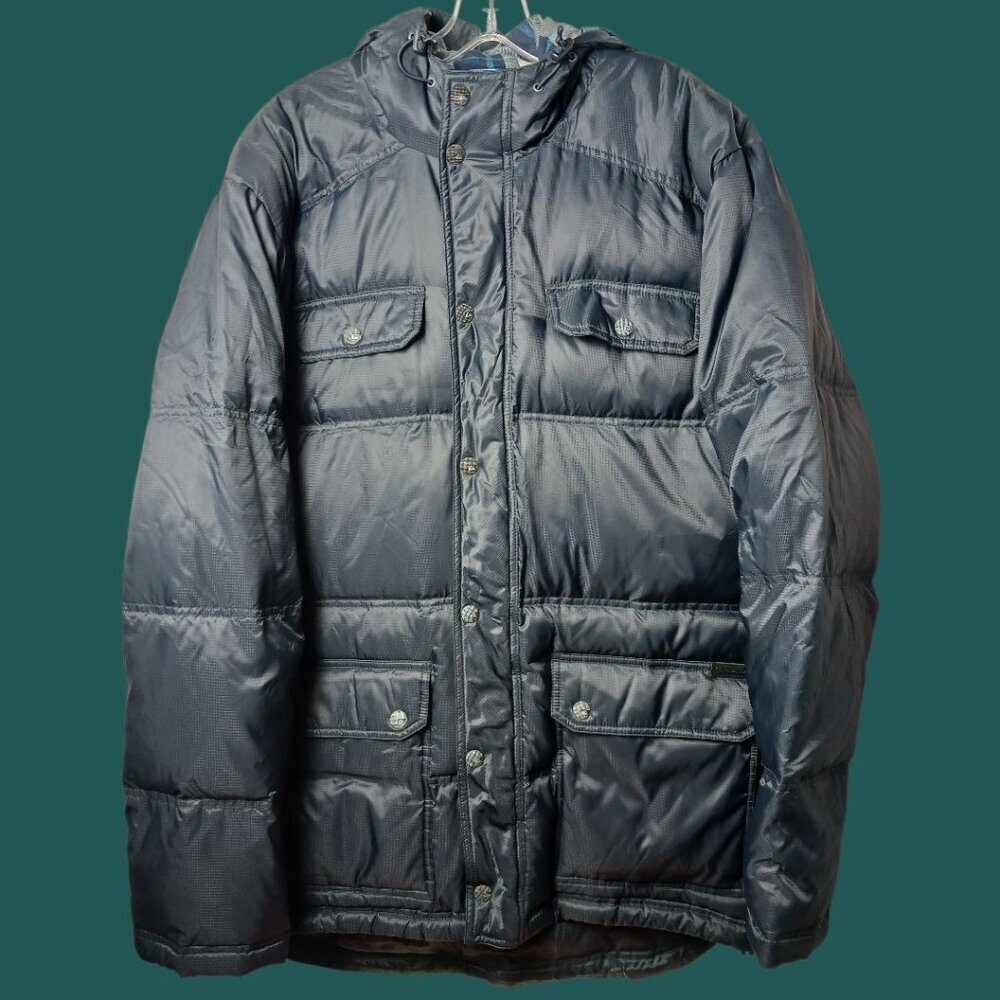 Quiksilver Mens Down Puffer Hooded  Jacket With Plaid Lining Navy Xlarge